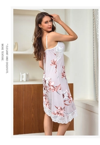 Detailed back view of a lavender floral satin nightgown with elegant white lace trim