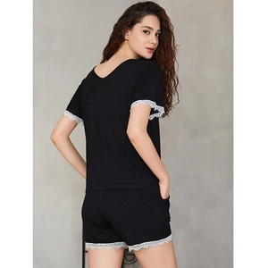 Women's black modal pajama set with V-neck short sleeve top and lace trim shorts