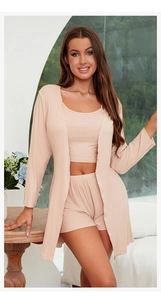 Three-piece modal ribbed loungewear set with cardigan, camisole, and shorts in beige