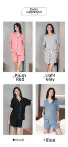 Short sleeve loungewear set for women in rose red, light grey, black, and blue colors
