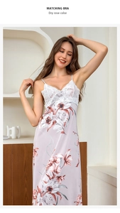 Detailed lace stitching and built-in bra on dry rose floral silk satin nightgown