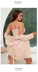 Three-piece modal cotton sleepwear set in dry rose color showing the tie-waist robe