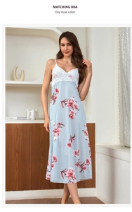 Close-up of V-neck lace patchwork on light blue ice silk floral long nightdress