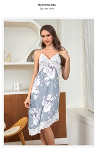 Lace trim detail on V-neck floral print satin nightgown for women in blue and white