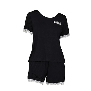 Women's black modal pajamas set with short sleeves and white floral lace trim details