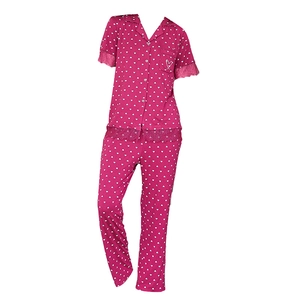 Damen Modal Schlafanzug mit Herzmuster, Kurzarm-Oberteil mit Spitze und langer Hose
