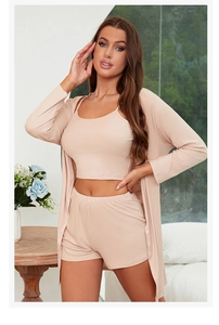 Detail view of a 3-piece modal ribbed loungewear set with cardigan, camisole, and shorts