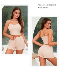 Front and side view of soft beige ribbed knit sleepwear set with camisole and shorts