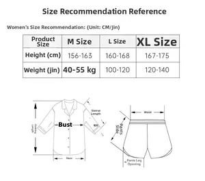 Size guide table for women heart print modal pajama set showing height and weight recommendations