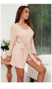 Detailed view of women's modal cotton three-piece loungewear with ribbed texture in beige