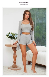 Three-piece gray modal knit loungewear set with camisole, shorts, and long cardigan