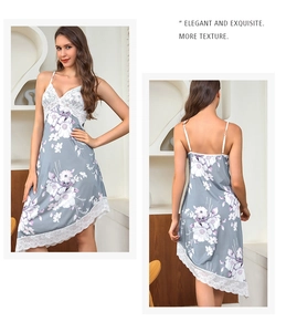 Detailed views showing the elegant lace trim and floral print on ice silk sleepwear