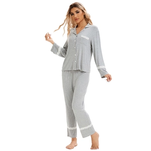 Women European Style Solid Color Knitted Pajama Set Lace Stitching V-Neck Cardigan Top And Bottom Loungewear Home Wear