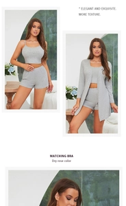 Women's modal rib-knit three-piece pajama set including camisole, shorts and long cardigan