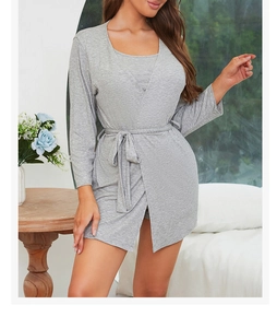 Detailed view of women's three-piece grey modal cotton sleepwear with robe and tank top
