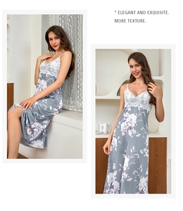 Detail of V-neck lace patchwork on floral ice silk nightgown with a smooth texture