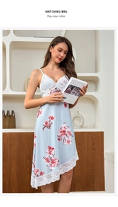 Detailed lace trim and dry rose floral pattern on a light blue satin nightgown