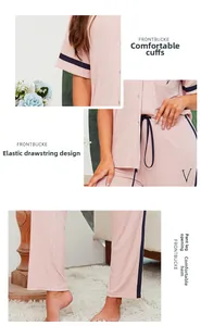 Détails du pyjama en modal rose avec poignets contrastés, cordon de serrage et maille côtelée