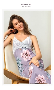 Detailed lace stitching and pink floral pattern on dry rose silk nightgown