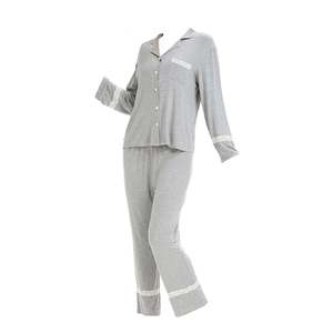 Women's grey cotton knit pajamas set with long sleeves, button cardigan and lace trim
