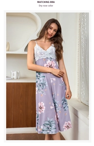 Detail of dry rose color ice silk nightgown with delicate white floral lace and prints