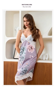 Detailed lace trim and dry rose floral pattern on silk-feel camisole nightgown