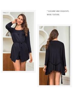 Detail of elegant black modal rib-knit three-piece loungewear set with wrap robe