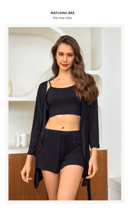 Three-piece black modal sleepwear set with ribbed tank top, shorts, and long cardigan