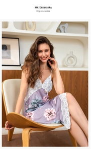 Detail of dry rose floral satin nightgown with white lace trim and V-neckline