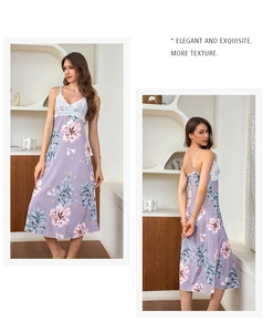 Detailed view of lavender floral ice silk nightgown with delicate white lace V-neck