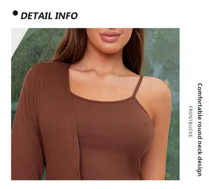 Close-up of brown ribbed knit modal fabric and comfortable round neck cardigan detail