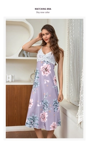 Detail of dry rose floral nightgown with lace trim and matching bra set design
