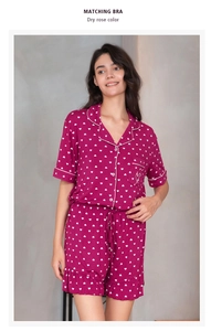 Detail of dry rose heart pattern pajamas with ruffled shorts and elastic drawstring