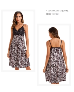 Front and back view of elegant leopard print silk slip dress with black lace trim
