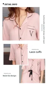 Detail of pink ribbed lounge set featuring delicate lace cuffs and drawstring waist ties