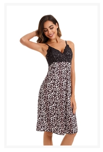 Close-up of leopard print nightgown with delicate black lace trim and silk satin texture