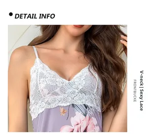 Close-up of deep V-neck with white floral lace trim and pink floral print sleepwear