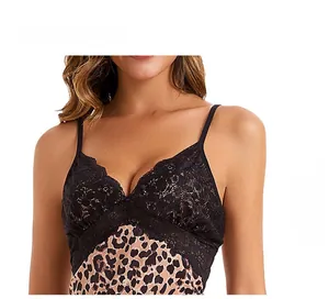 Close-up of leopard print nightgown with black lace trim and adjustable V-neck straps