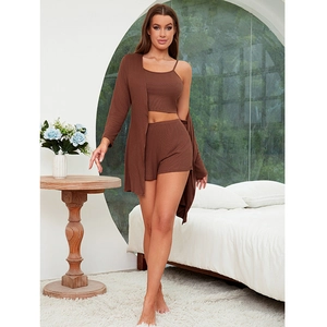 Three-piece women modal ribbed sleepwear set with camisole, shorts, and long cardigan in brown