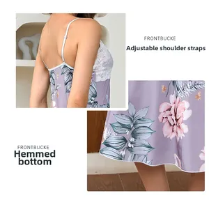 Detail of adjustable straps and floral print hem on lilac lace satin nightgown