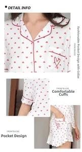 Detail view of heart print modal pajamas with lapel collar and ruffled hem shorts