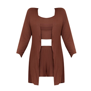 Three-piece brown modal ribbed loungewear set with cardigan, tank top and shorts