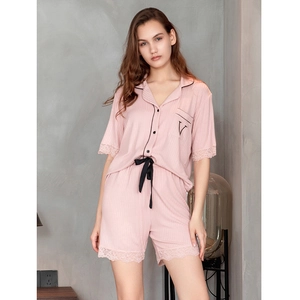 Women Short Sleeve Pajamas Modal Rayon Lounge Wear Lace Trim Contrasting Piping Pocket V Embroidery Top And Shorts