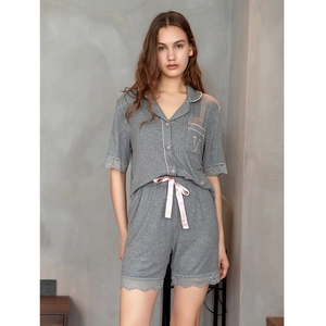 Women's modal pajama set with lace trim short sleeve top and shorts in light grey