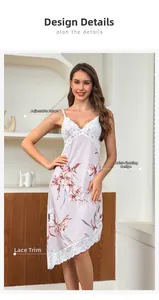 Detail of adjustable thin straps and white lace trim on floral pink satin nightgown