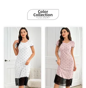 Détails de la chemise de nuit à pois avec ourlet en dentelle et texture côtelée