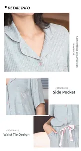 Detail showing pink piping on notched collar and embroidered heart pocket of pajamas