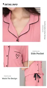 Détails du pyjama en modal rose avec col à revers, poche cœur et taille à cordon serrage