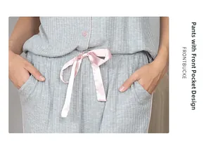 Detail view of the soft ribbed fabric pajama pants with silk drawstring and side pockets