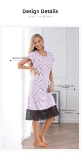 Détails d'une chemise de nuit lilas à pois avec poignets à volants et bordure en dentelle